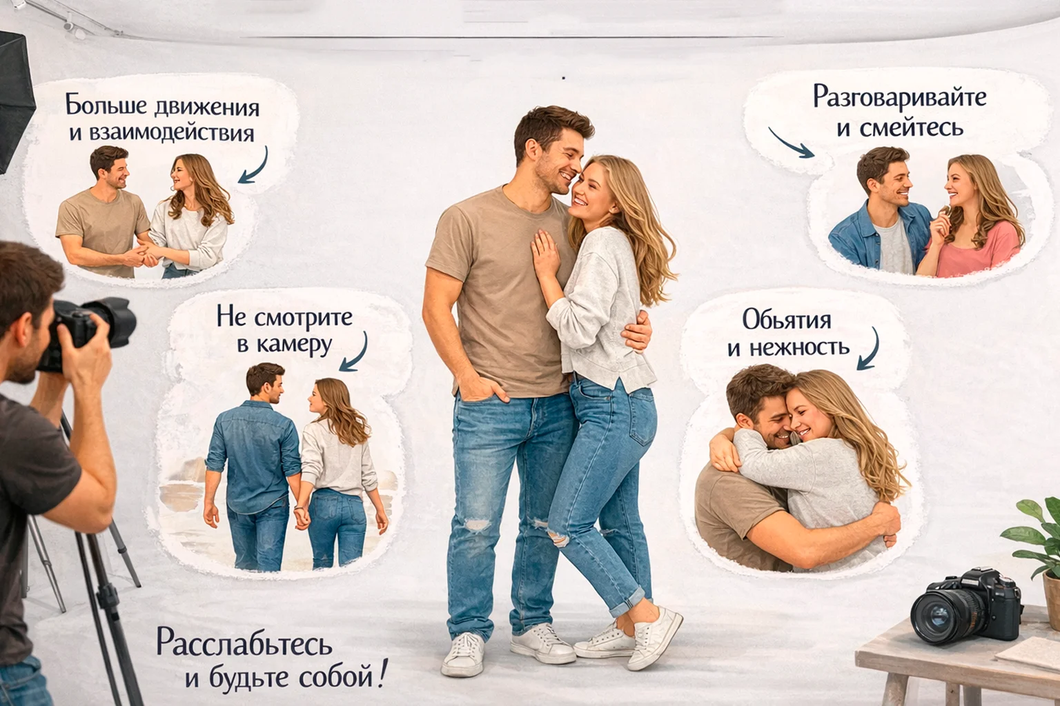 Поза пары для естественных фото в студии